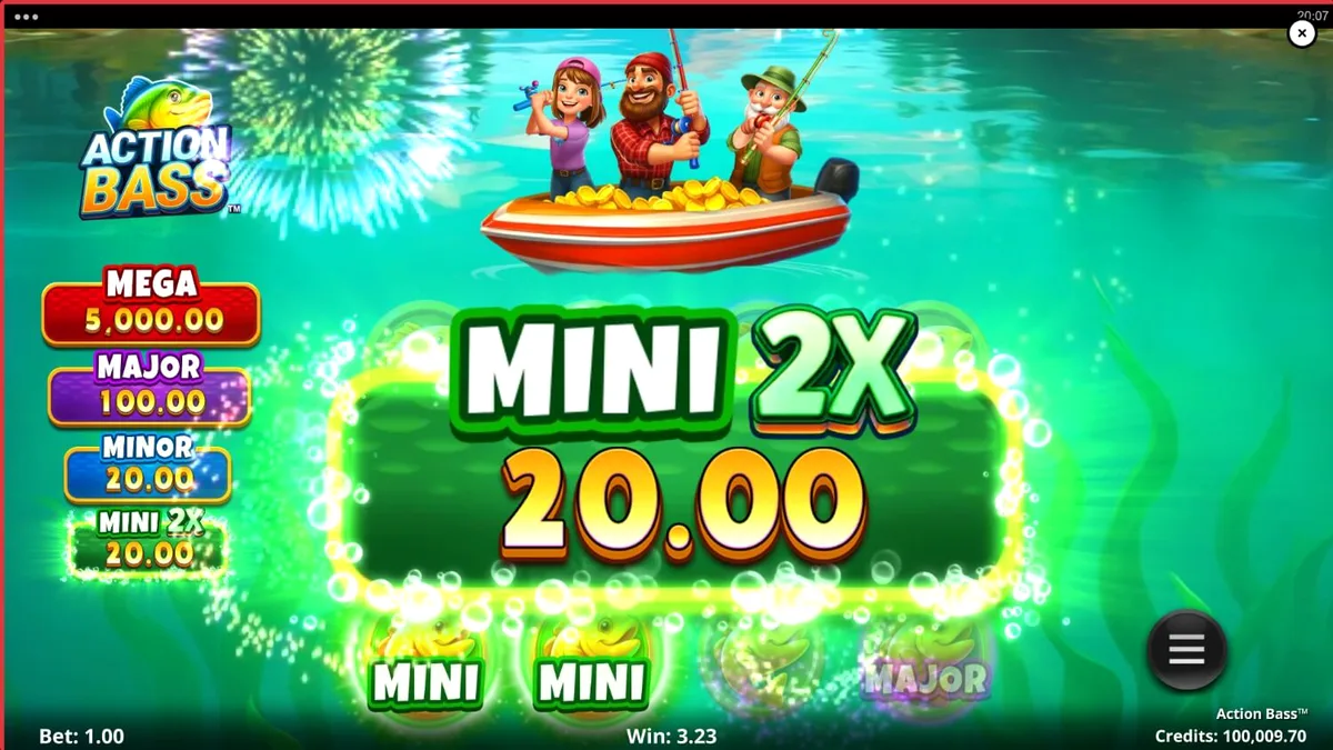 Interface do jogo de caça-níqueis Action Bass com tema de pesca